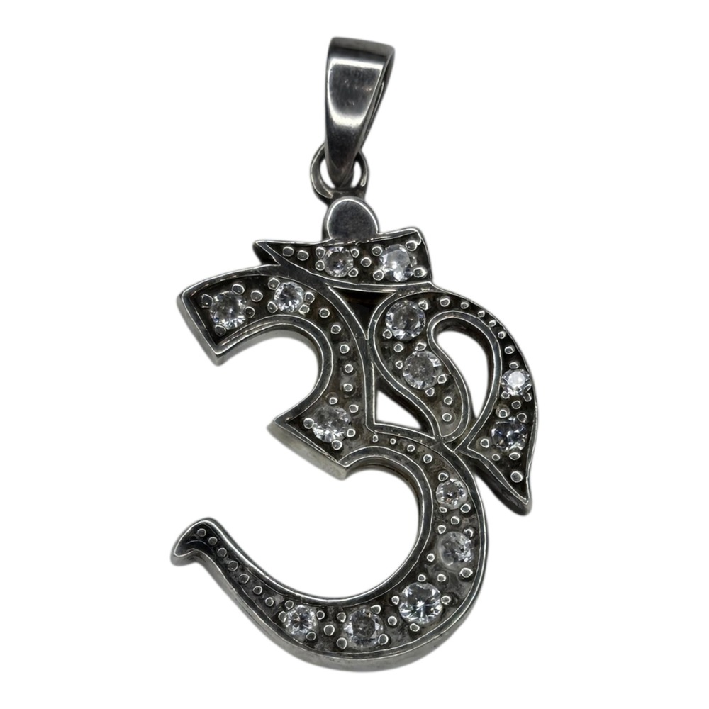 Vintage Om Aum Yoga Pendant Sterling Silver 925 Cubic Zirconia